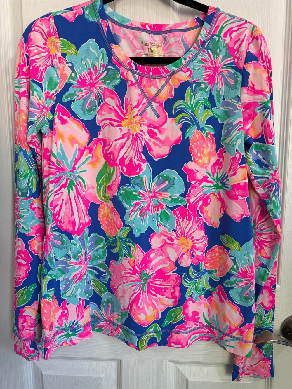 Lilly Pulitzer Bright Blue Floral Long Sleeve with Pink & Aqua Accents SZ Med